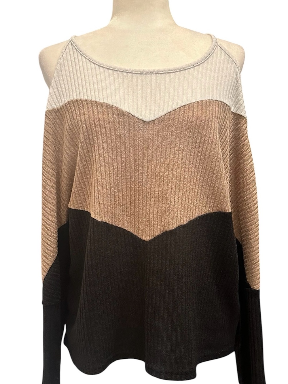Color Block Ribbed Knit Shoulder Cut Out Sweater Size L